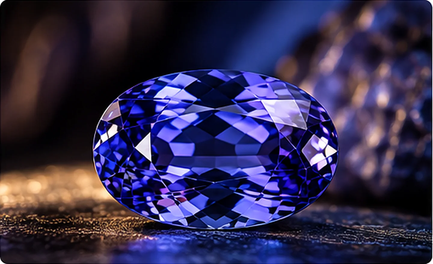 A blue-violet faceted tanzanite gemstone on a dark surface