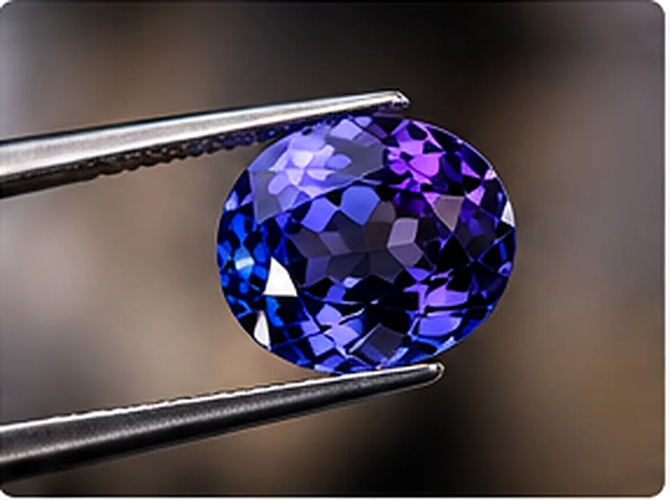 A faceted tanzanite being examined in gemmologist's tweezers